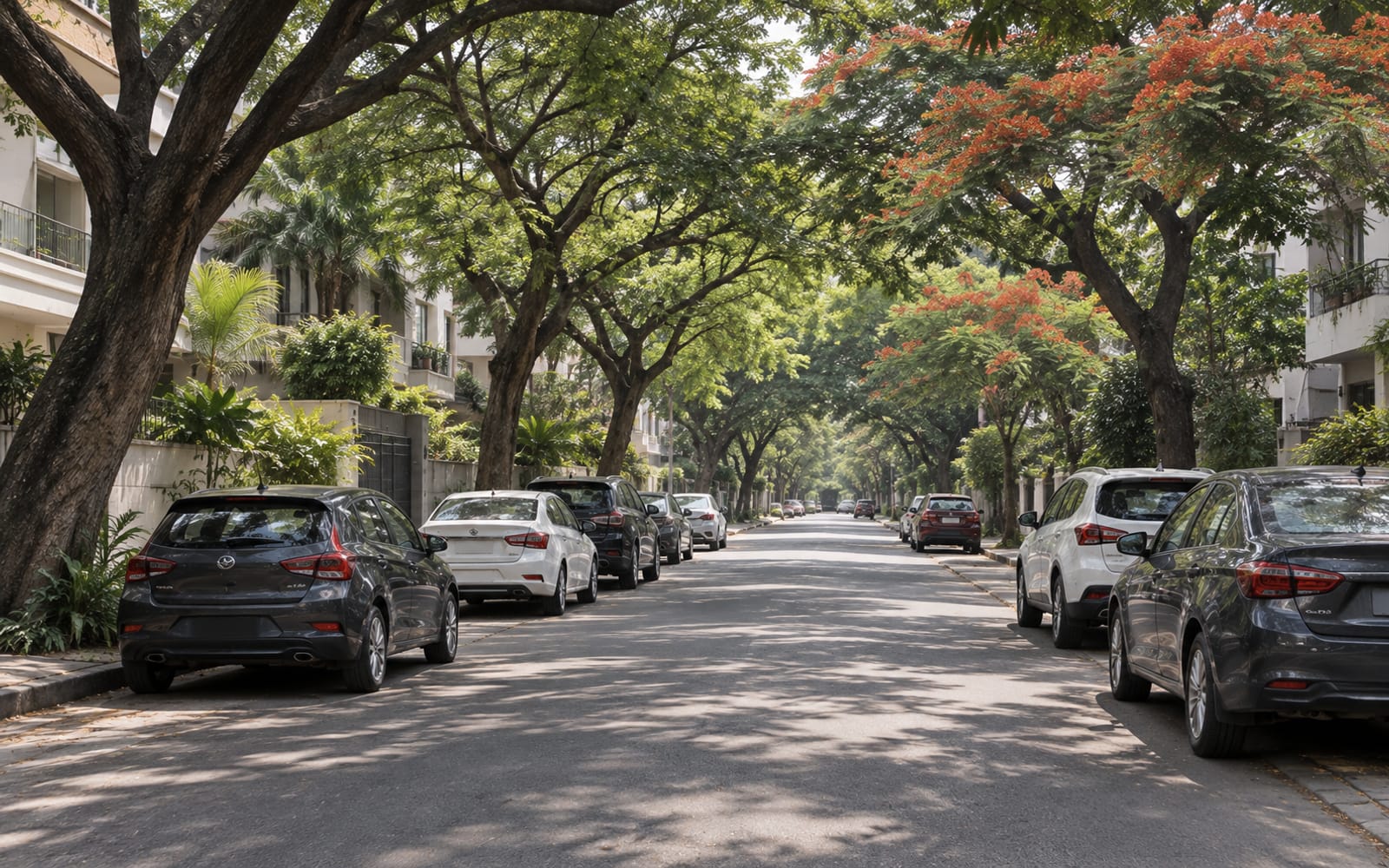 A tree-lined street with parked cars and greenery.