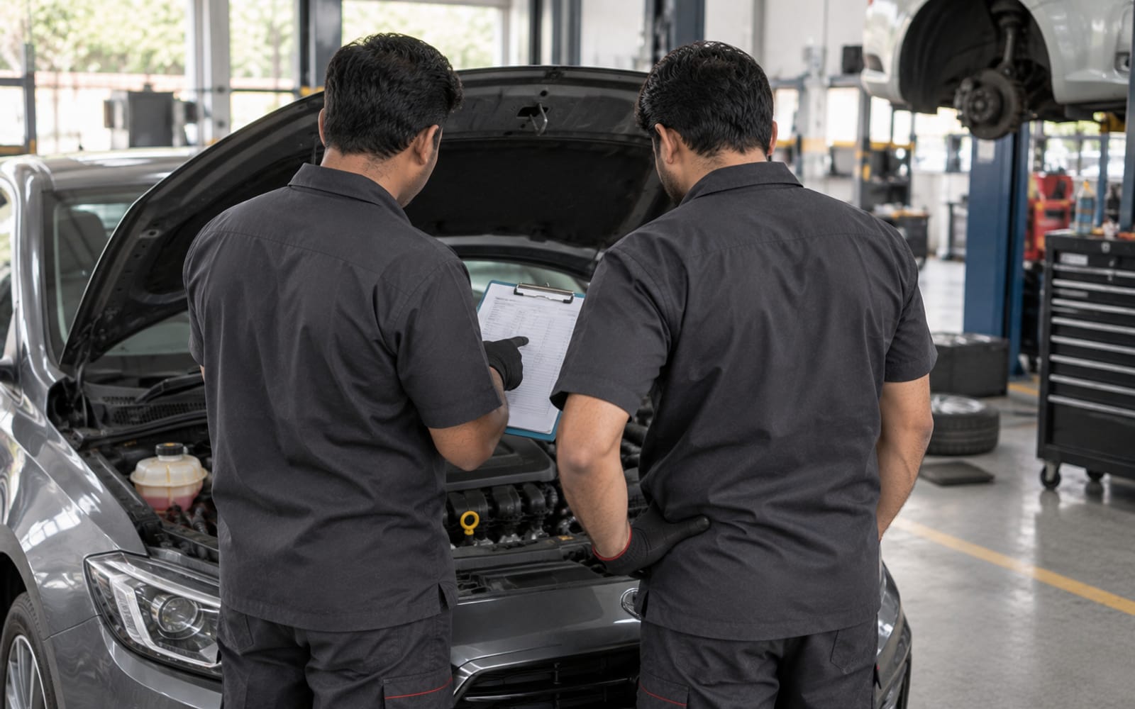 A mechanic at work beside a car in a covered parking area.