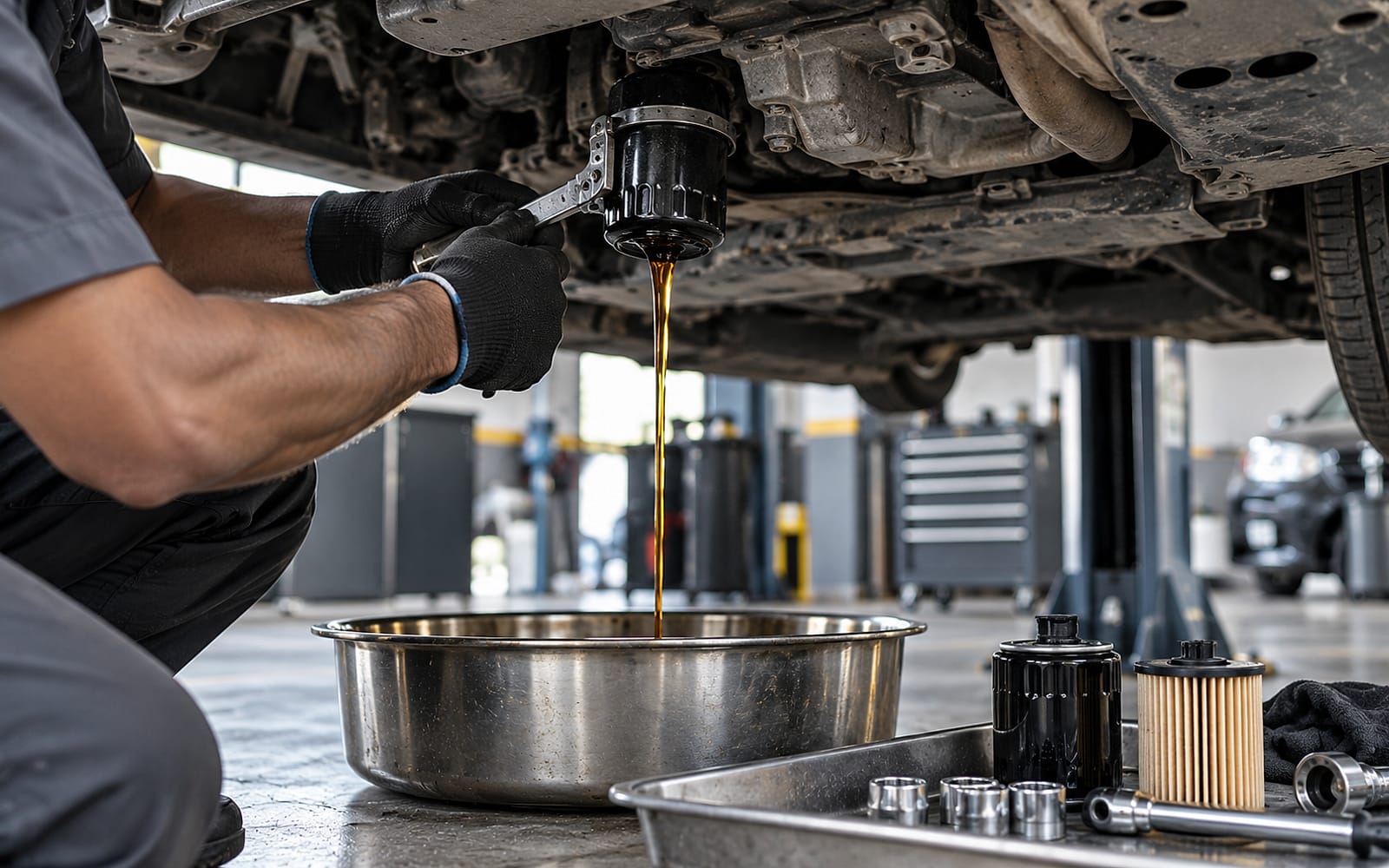 Fresh engine oil being poured during a scheduled car service.