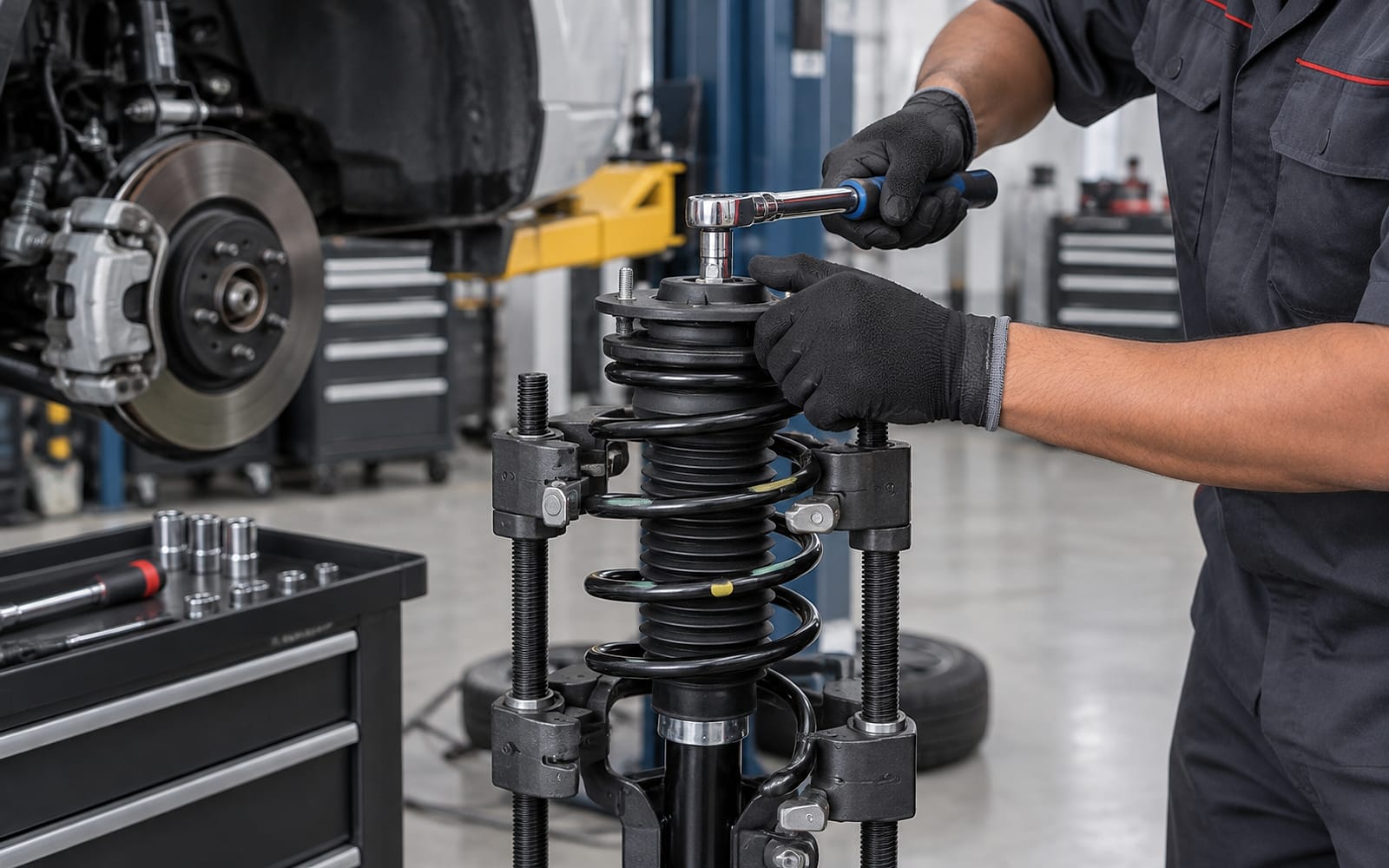 Suspension components being worked on during a service.