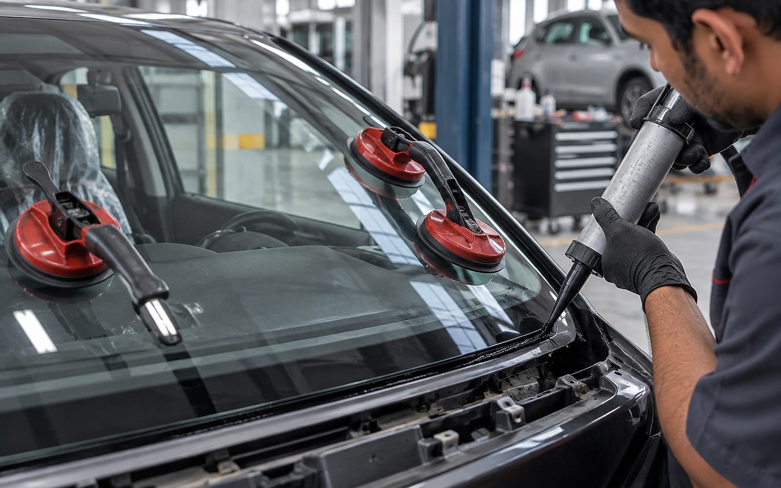 A car windshield being fitted with fresh moulding.